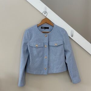 Zara Women's Blue Blazer with Gold Buttons